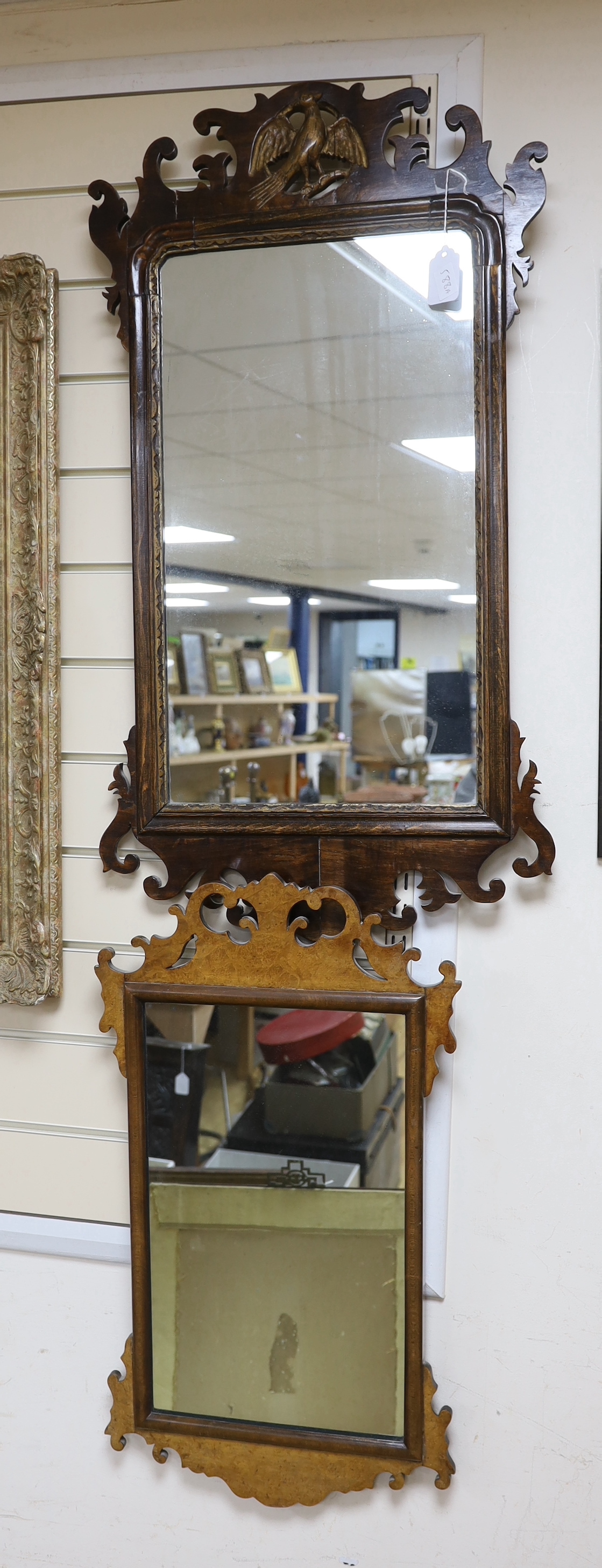 Two George III style fret cut wall mirrors, one with eagle surmount, Largest 85 cm high